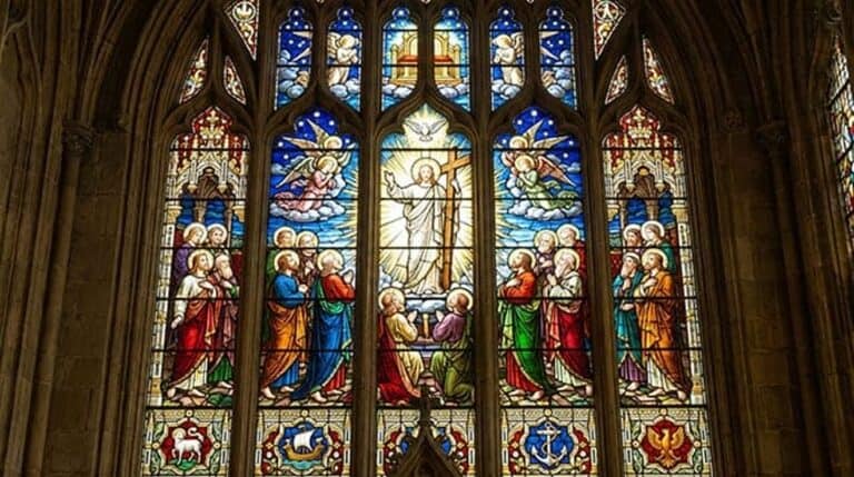 Vitral de Cristo ressuscitado com o estandarte da cruz, entre os apóstolos