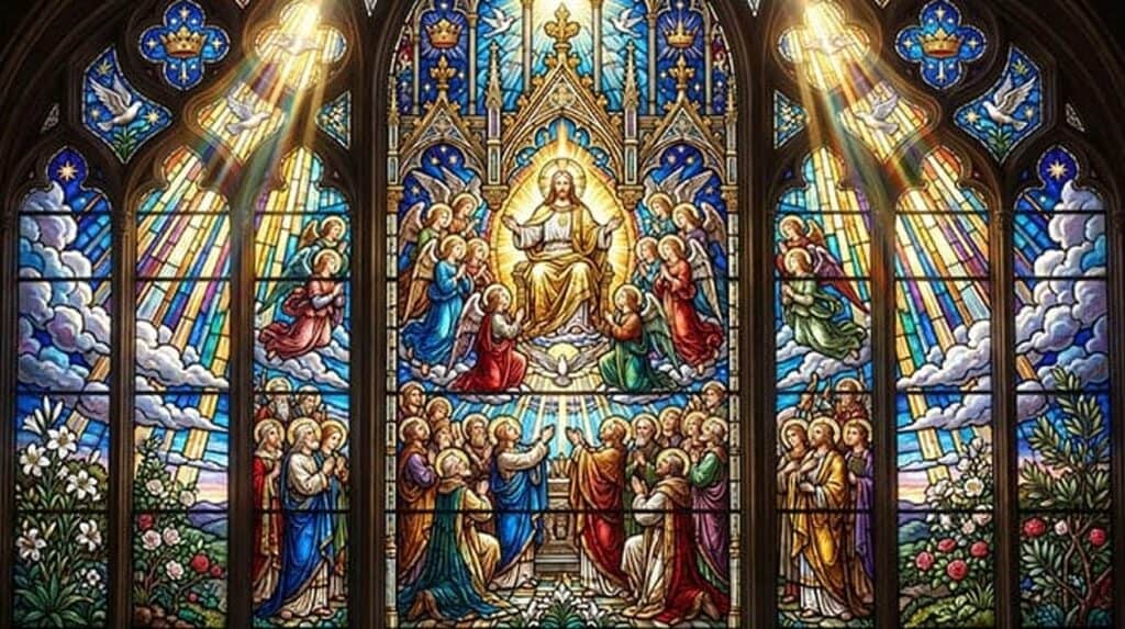 Vitral de Cristo no trono, cercado de anjos, apóstolos e santos