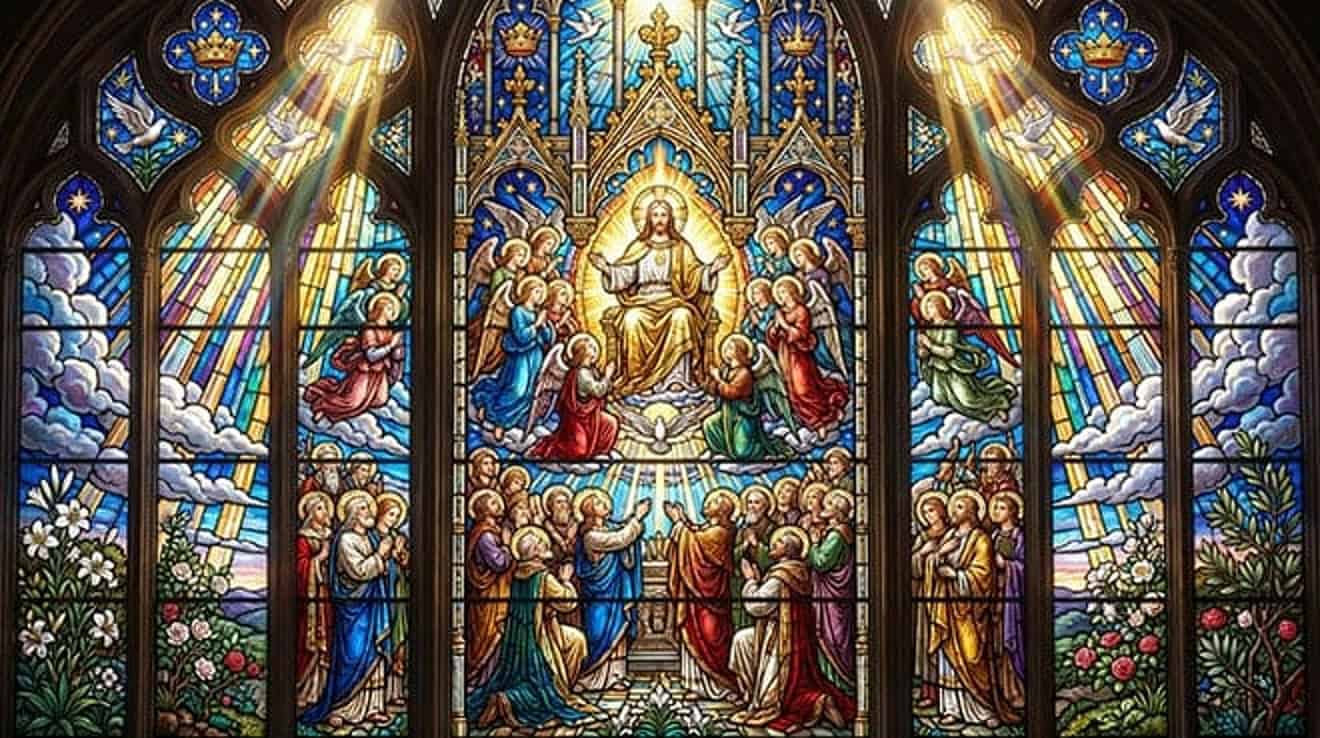 Vitral de Cristo no trono, cercado de anjos, apóstolos e santos