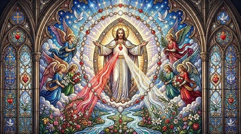 Vitral de Jesus Misericordioso com raios vermelhos e brancos saindo do coração