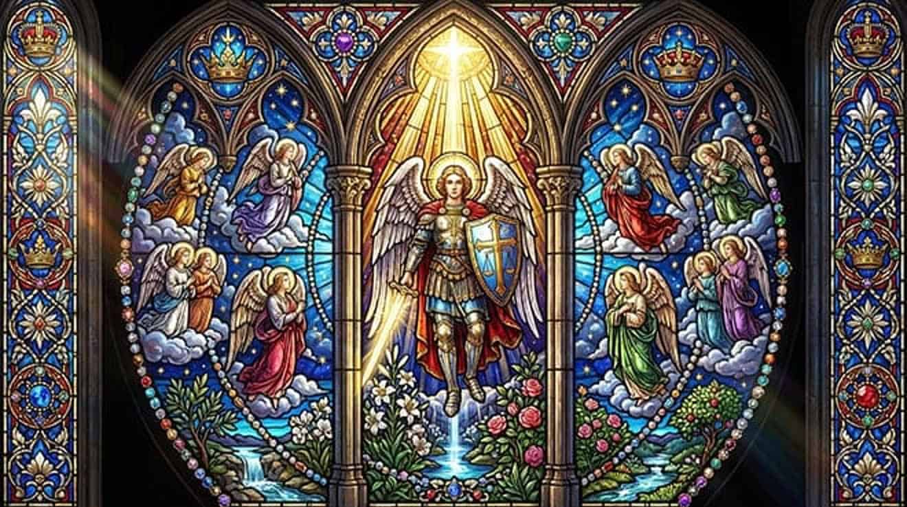 Vitral de São Miguel Arcanjo com espada e escudo, cercado de anjos
