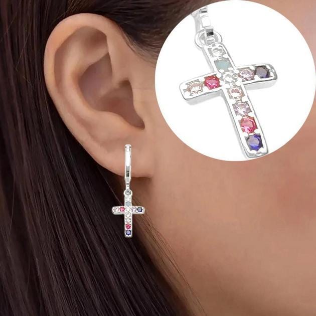 Brinco Feminino De Crucifixo Banhado a Prata 925 Cravejado Zircônias Coloridas