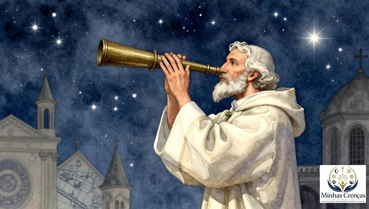 Ilustração em aquarela de um sacerdote observando o céu estrelado por um telescópio, em diálogo simbólico entre fé e ciência.