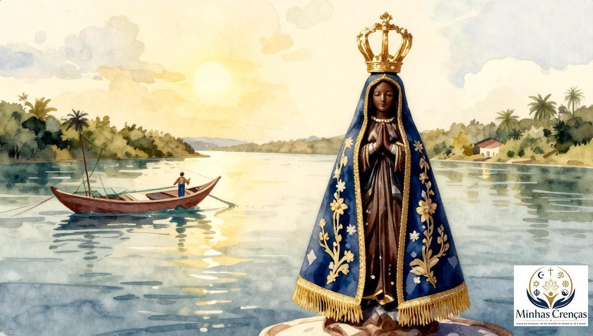 Ilustração sacra de Nossa Senhora Aparecida sobre as águas do Rio Paraíba, com redes de pesca ao fundo.