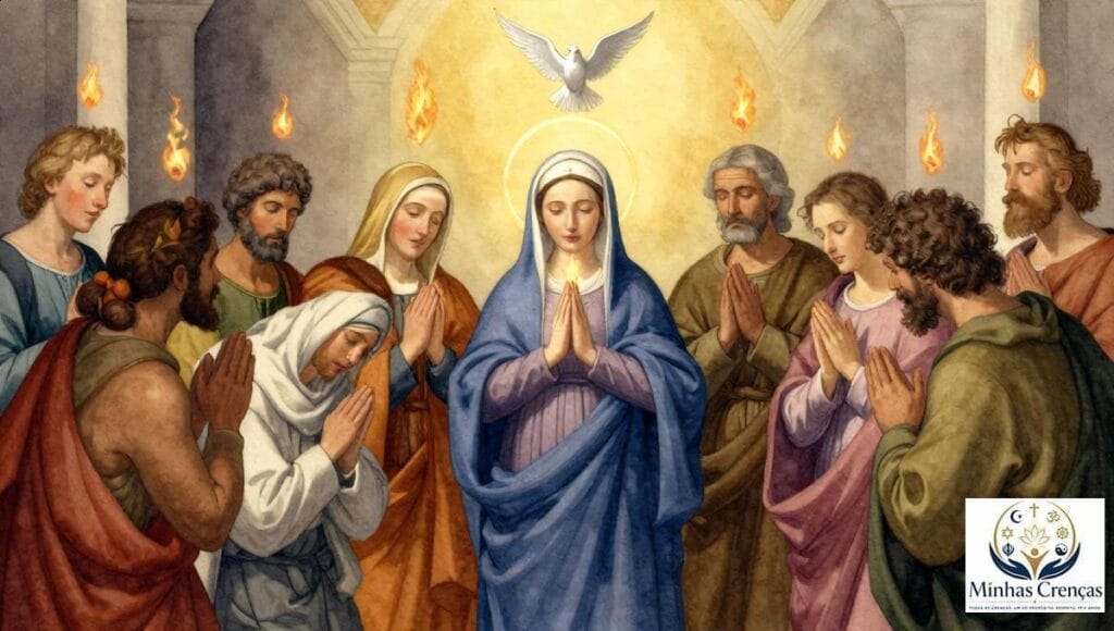 Ilustração sacra de Maria e dos apóstolos reunidos no Cenáculo, com línguas de fogo simbolizando Pentecostes.