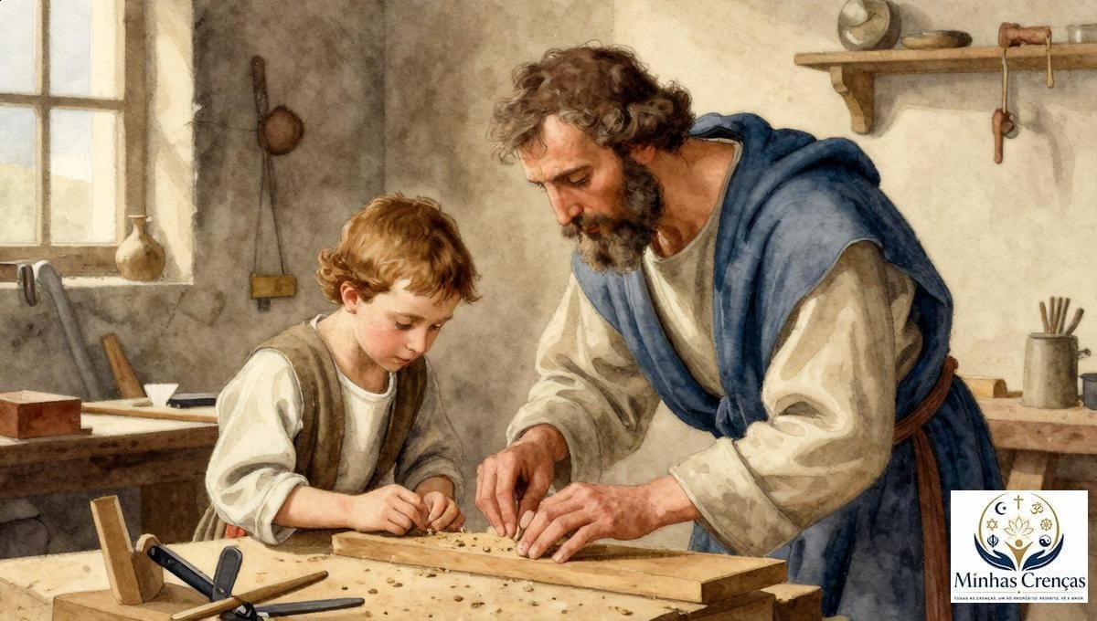 Ilustração sacra de São José ensinando Jesus a trabalhar a madeira em uma oficina simples.