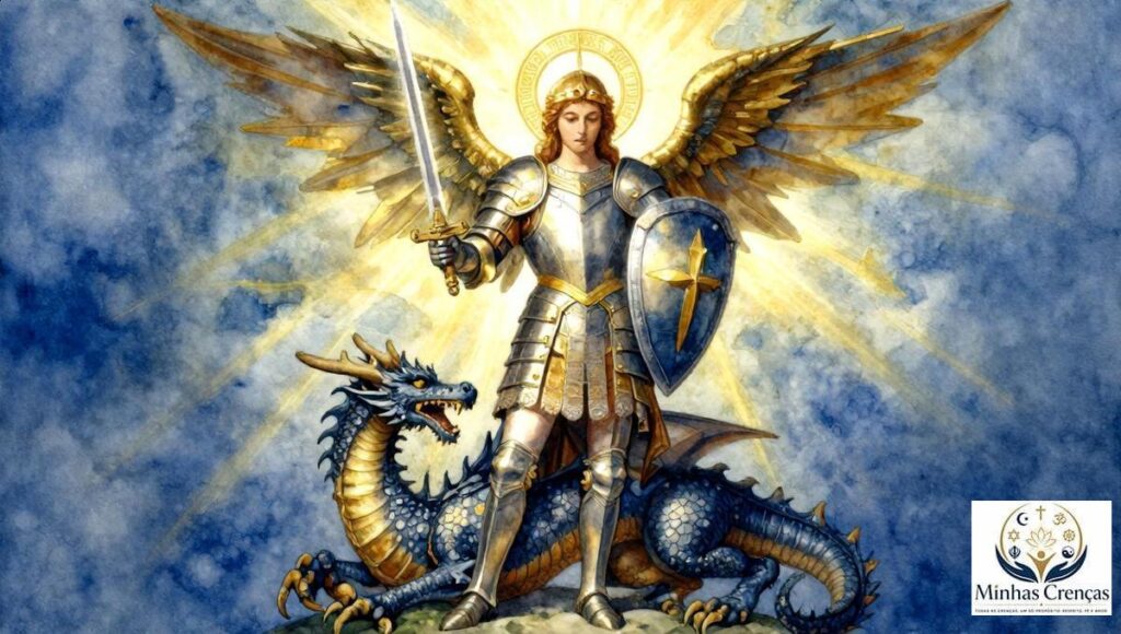 Ilustração sacra de São Miguel Arcanjo com armadura, espada e escudo diante de um dragão.
