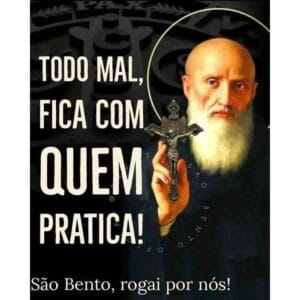 São Bento, Crucifixo, e Inscrição. Quadro Decorativo.